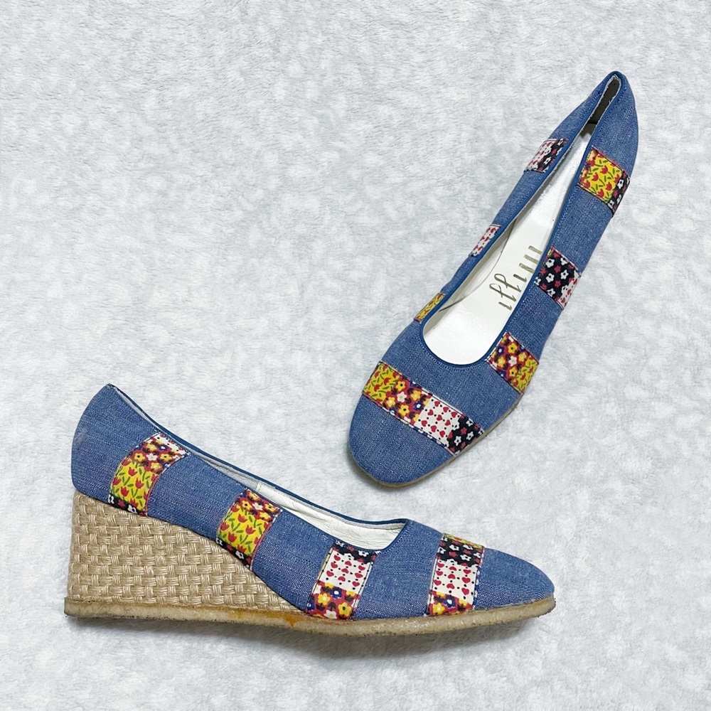 Vintage Denim Wedge Mijji 60s 70s Patchwork Stripe Hippie Woven Boho Low Kitten